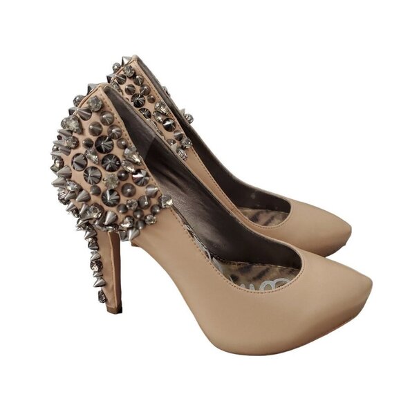 Sam Edelman Roza Spiked Heels Pumps Shoes 6 M Tan Matte Leather Rhinestone - Picture 5 of 14